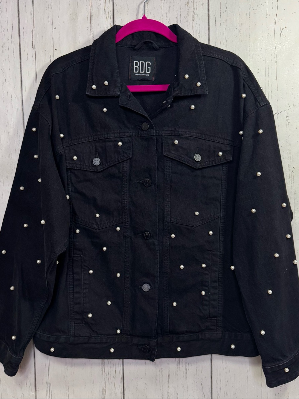 BDG Urban Outfitters Black Pearl Studded Denim Jacket M Y2K Grunge Edgy Trucker